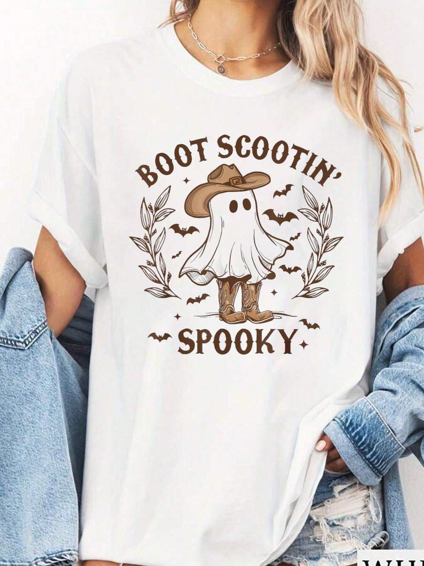 

Western Halloween Cow Ghost Boot Scootin Spooky Graphic Tops Cotton Retro TShirt Short Sleeve Shirt for Women Halloween Gift S