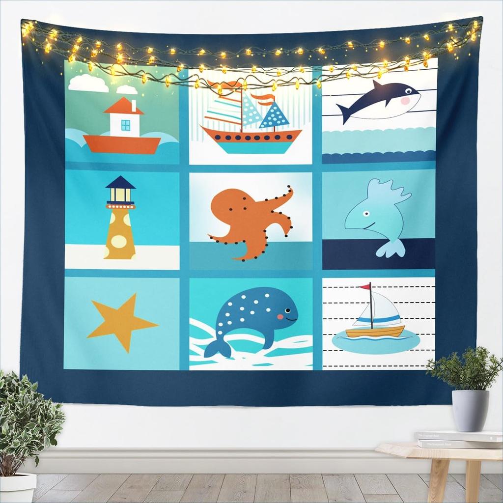 Tropical Sea Tapestry Blue Wave Palm Trees Wall Hanging, Summer Ocean Theme Cartoon Wall Blanket Home Artwork, Kids Girls Room