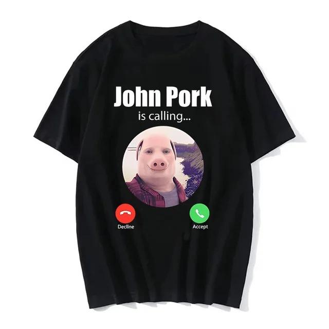 John Pork ruft an Anruf annehmen Telefon T-Shirt Humor Lustiges Schwein Grafik T-Shirt Streetwear 3D Gedrucktes Schwarzes Kurzarm T-Shirt Oberteile
