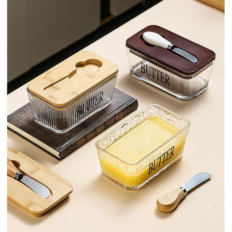 Western-style Glass-sealed Butter Box with Lid, Rectangular Scraper, Household Cheese Preservation Jar, Household Cheese Box
