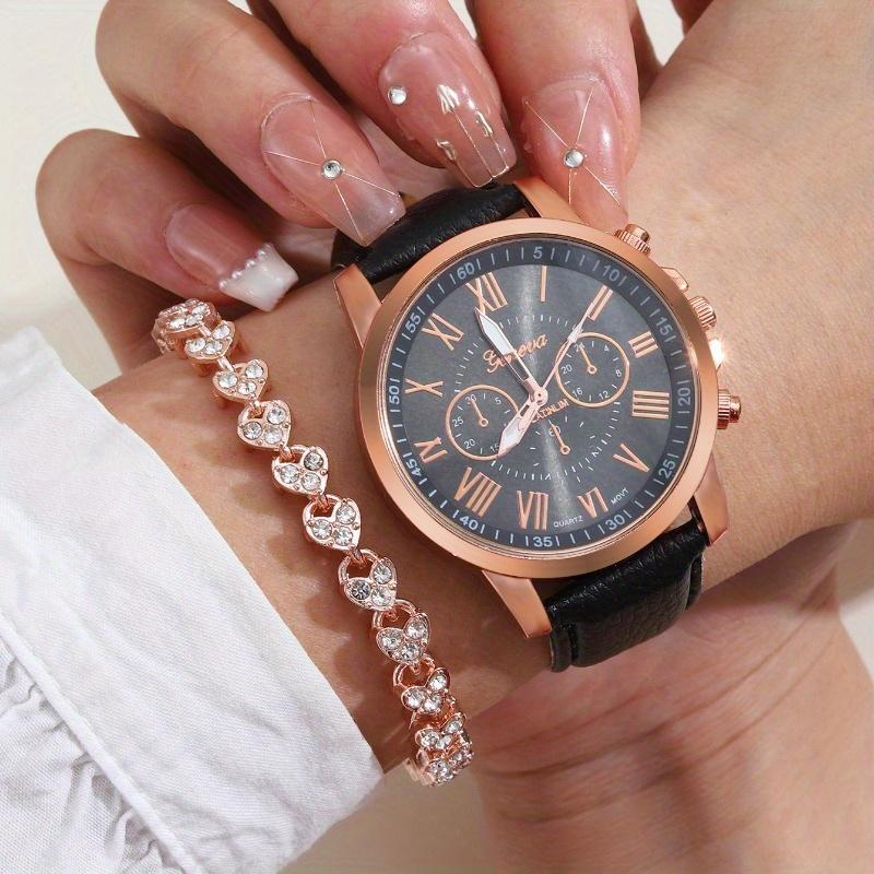 2pcs/set Women's Elegant Watch Fashion Casual Analog PU Leather Band Wrist Watch & Rhinesone Bracelet, Best Gift for Her