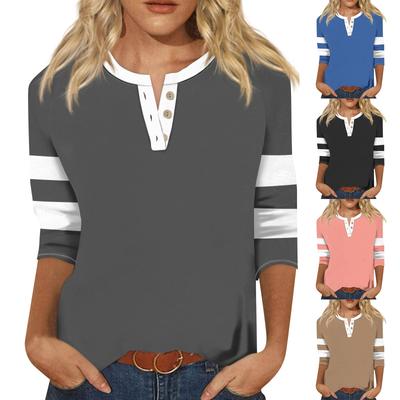 Kadın Moda Tişörtü Rahat Tek Renk V Yaka Düğmeli Omuz Kolları Yedi Çeyrek Kollu Üst