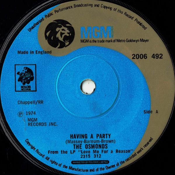 

7inch Record OSMONDS - Having A Party 2006492 MGM Records 1975 UK Rock Used