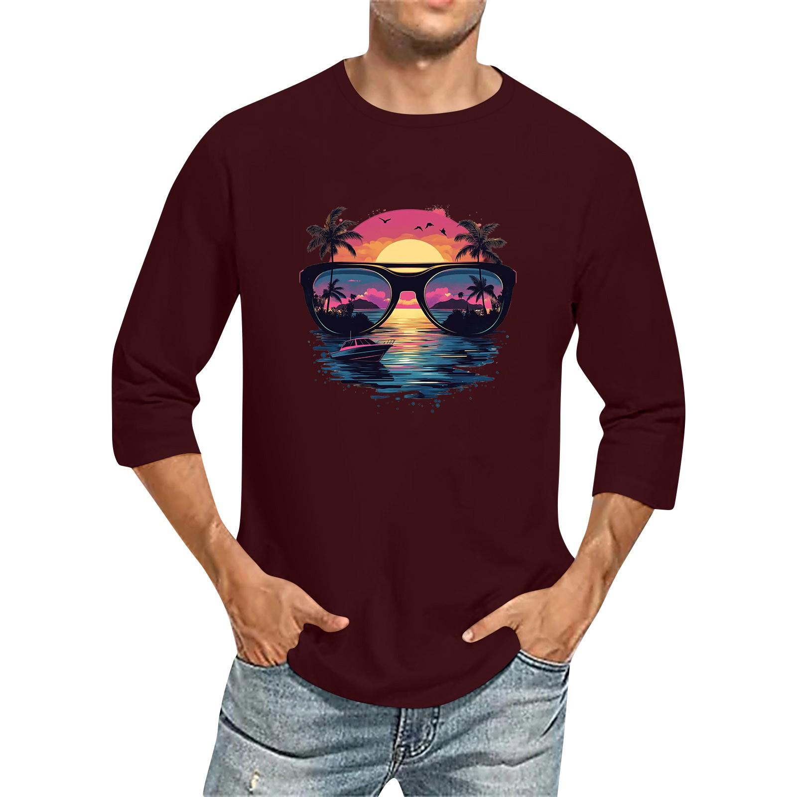 

Мужская однотонная футболка с круглым вырезом и рукавами три четверти M винный