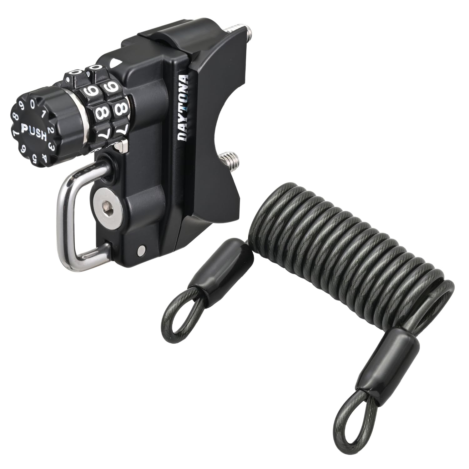 

Daytona Helmet Lock for Master Cylinder Includes Wire Lock Helmet Dial 61781 Motorcycles, Harley-Davidson FXD, etc., Right-side Mount, (1200mm), чорний