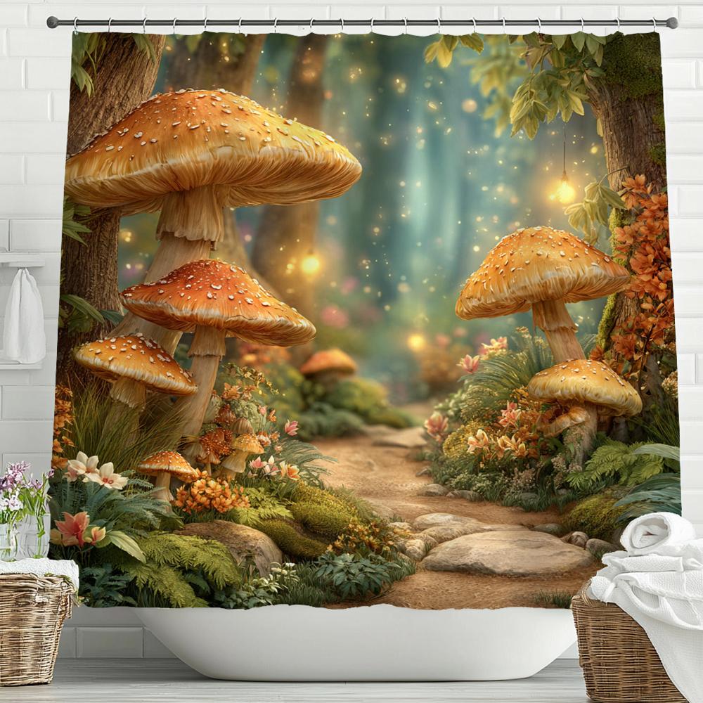 Fairy Tale Forest, Mushroom House Shower Curtain, Bathroom Decorative Shower Curtain, Waterproof Shower Curtain with Hooks
