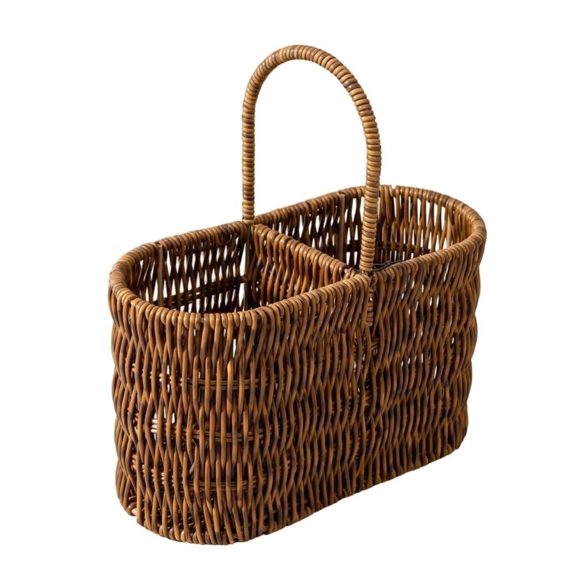 Portable Tableware Basket with Top Handle, Artificial Wicker PE Flatware Holder for Dining Table Service, Counter Storage, and Outdoor Meals
