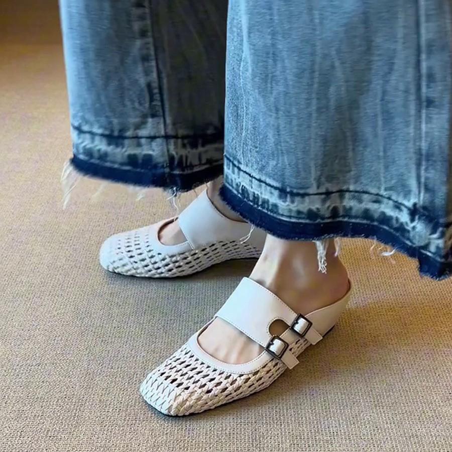 Sheepskin Version~ Thick Bottom Inner Height Increase Woven Hollow Bag Head Slippers Women Wear One Pedal French Muller Cool Slippers