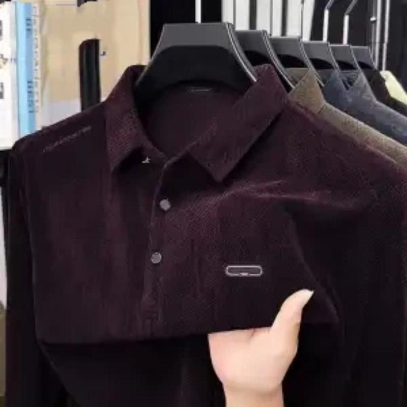 Men s New Autumn Striped Lapel Long-sleeved T-shirt Trendy Solid Color Polo Shirt L