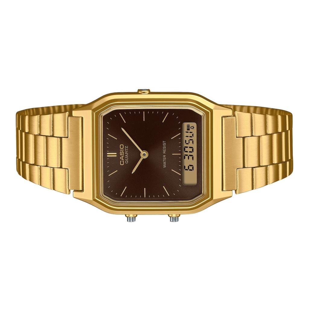 Casio Vintage Analoog Digitaal Goudkleurig Roestvrij Staal Bruine Wijzerplaat Quartz AQ-230GA-5A Unisex Horloge