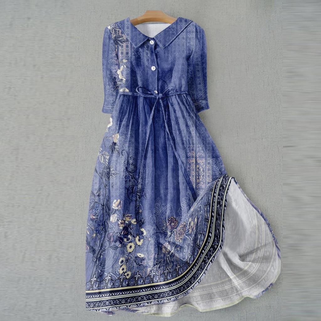 Women's Fashion Casual Printed Lapel Collar Button 3/4 Sleeve Clothing Straps Dress