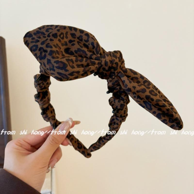 Korean Leopard Print Bow Headband Non-Slip Grip Hairband with Bunny Ear Design for High Crown Effect Face Slimming Hair Clip