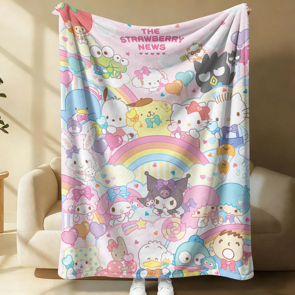 Sanrio All Star Characters Flannel Blanket Kawaii Hello Kitty Kuromi Cinnamoroll Rainbow Print Throw Bed Sofa Room Aesthetic