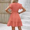 Women Summer Dress High Waist A-Line Lace Up O-Neck Dot Print Short Sleeve Lotus Leaf Midi Dress Sizes S-XL