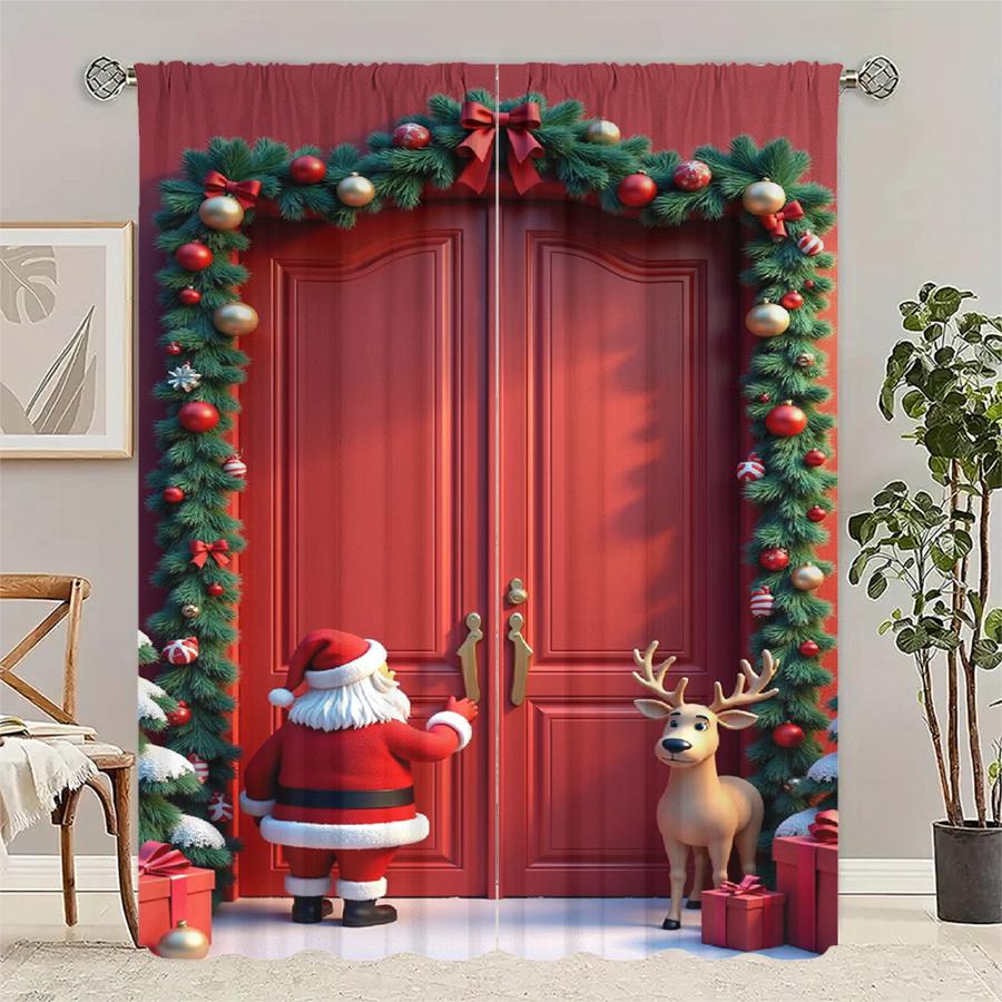 

Elegant Christmas Santa Claus Tree Pattern Printed Curtains Decorations Home Room Set Of 2 Made Polyester W100*H70(CM)-Rod Pocket&1PCS