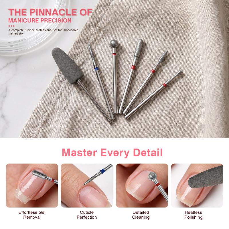 6Pcs Diamond Sand Nail Drill Bits Multi Functional Cuticle Polishing Set for Electric Manicure File Nail Care Routine Use