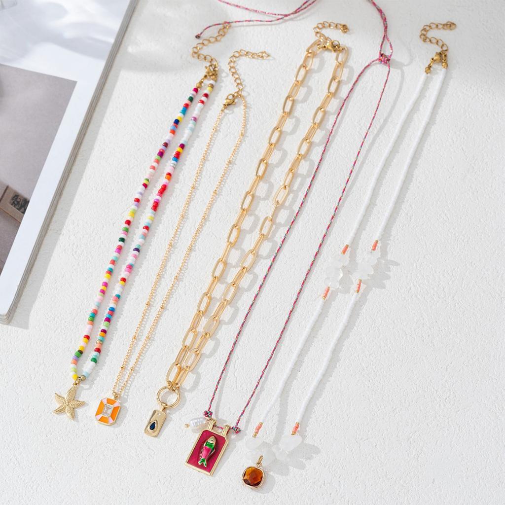 5PCS Multicolor Beach Themed Beaded Necklaces for Women Handwoven Clavicle Chains Vocation Holiday Accessories