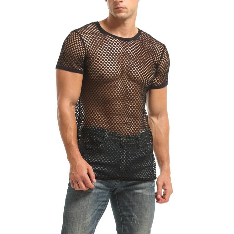 European Men's Fishnet Round Neck Short Sleeve Casual Loose Plus Size Top