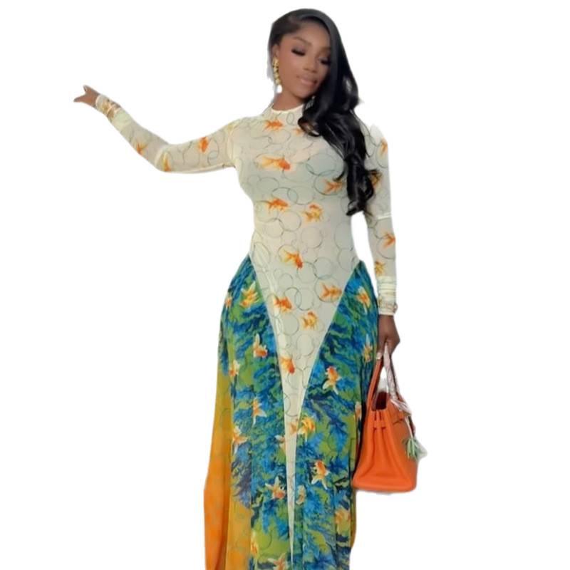 European/US Summer Fashion Printed A-line Skirt Round Neck Waist-Cinching Long Sleeve Dress