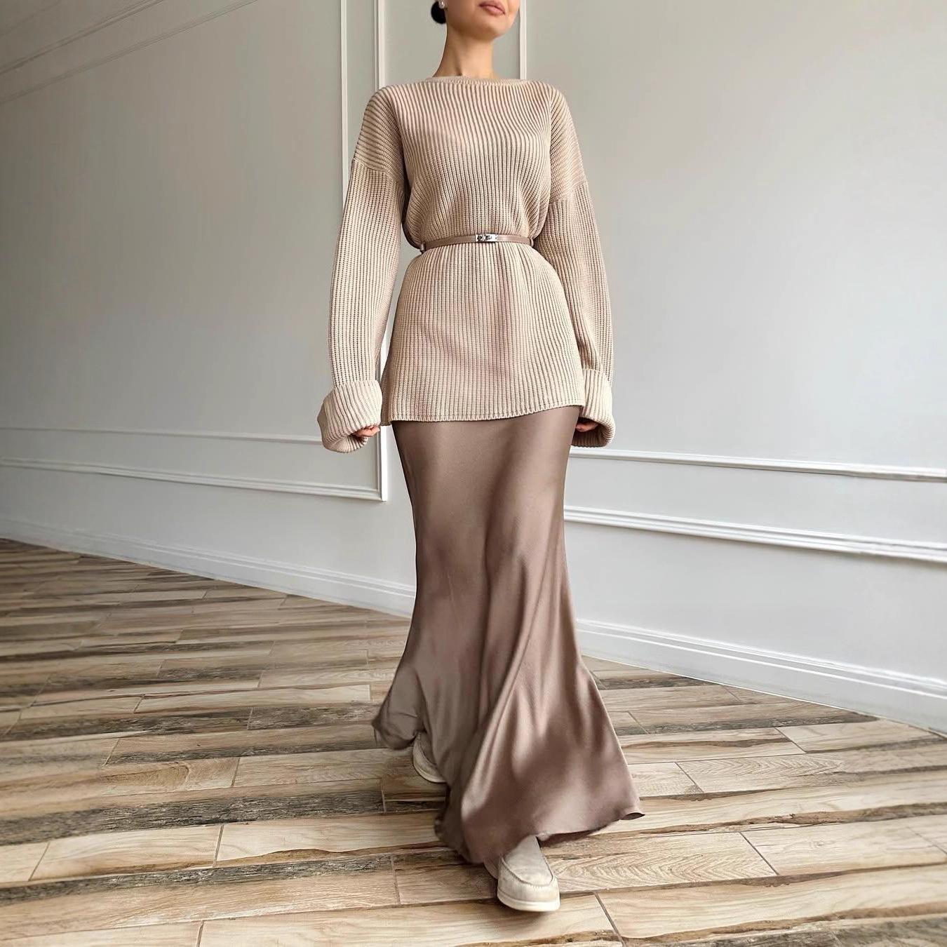 

Жіноча вільна в язана сукня Осінь 2025 - З довгим рукавом, круглим вирізом, що облягає стегна XL