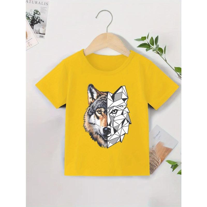 European Size Boys Round Neck Short Sleeved T Shirt with Mechanical Werewolf Pattern
