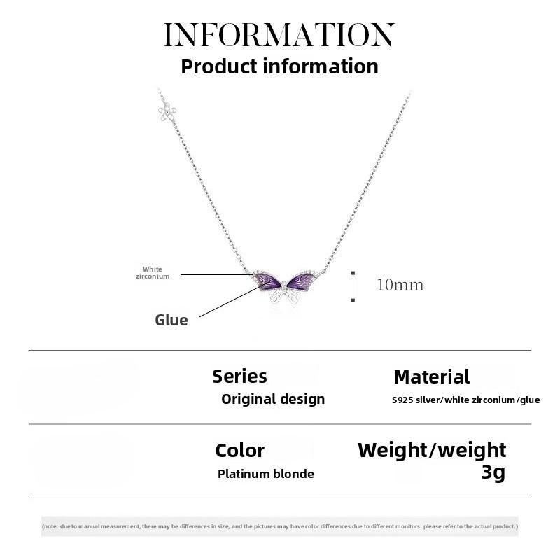 Sweet Flower Purple Butterfly Necklace Design Sense Niche Women's 925 Sterling Silver Pendant Versatile Clavicle Chain
