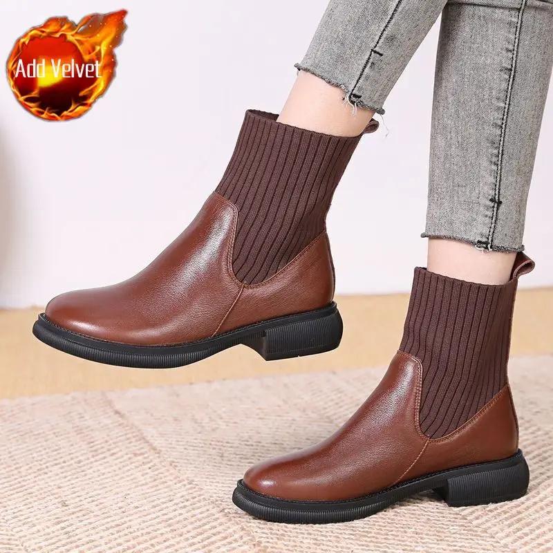 

Ботинки женские меховые ботильоны эластичные носки короткие туфли для женщин коричневые туфли с круглым носком новинка осени горячая распродажа рок готика pu 40