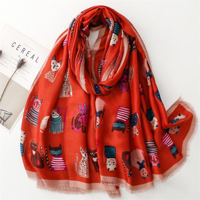 Autumn/Winter Cotton-Linen Silk Scarf: Fashionable Cartoon Kitten Print Shawl for Women
