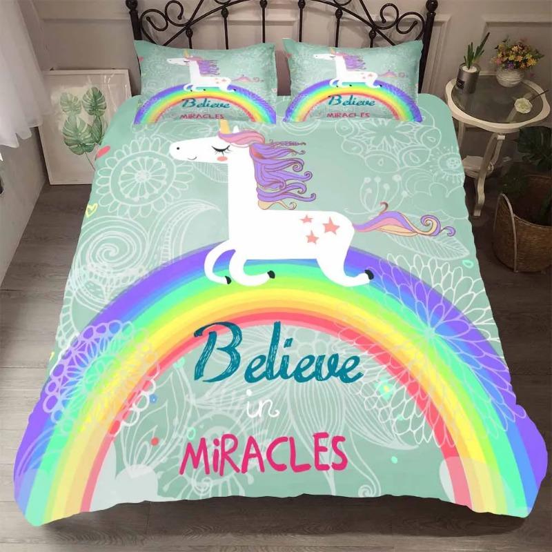 Microfiber Fabric Bedclothes Kids Beds Cartoon Rainbow Unicorn Bedding Set Home Bed Set Cute Unicorn Duvet Cover With Pillowcase