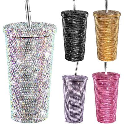 500ml Μπουκάλια Θερμός Diamond Κύπελλο με Καλαμάκι και Καπάκι Στρας Ανοξείδωτο Ατσάλι Διπλού Τοιχώματος Κύπελλα Θερμός Κύπελλο με Γκλίτερ Μπουκάλι Νερού