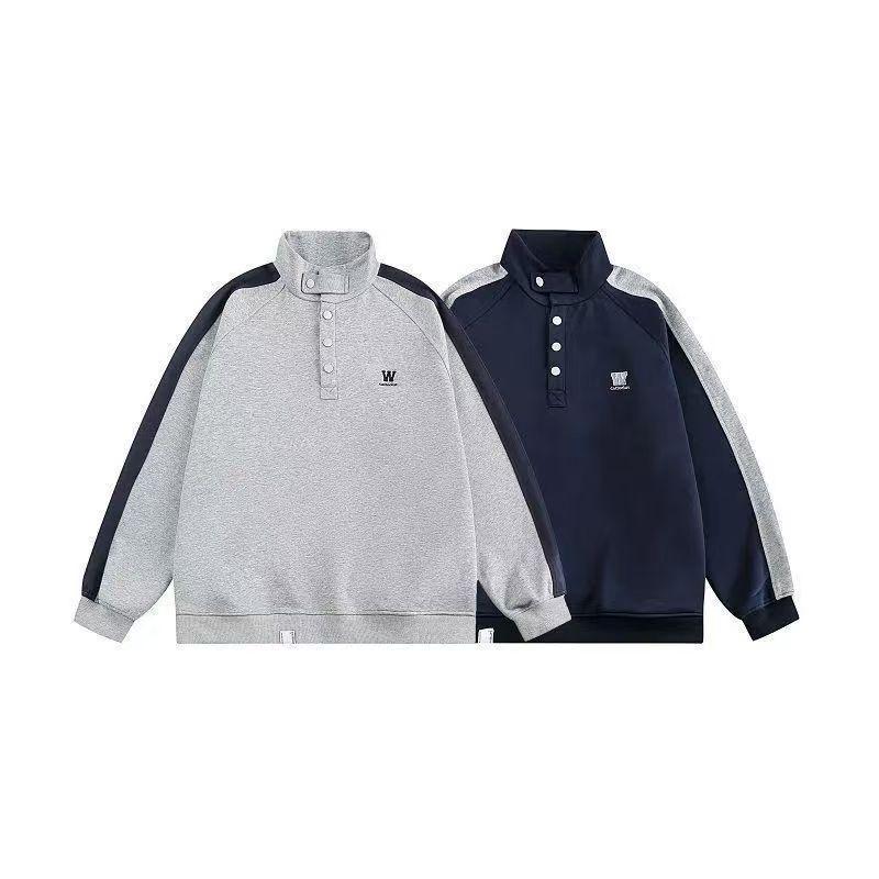 Spring/Autumn 2026 Japanese Style Patchwork Stand Collar Hoodie - Men's Trendy American Retro Casual Loose Pullover Top