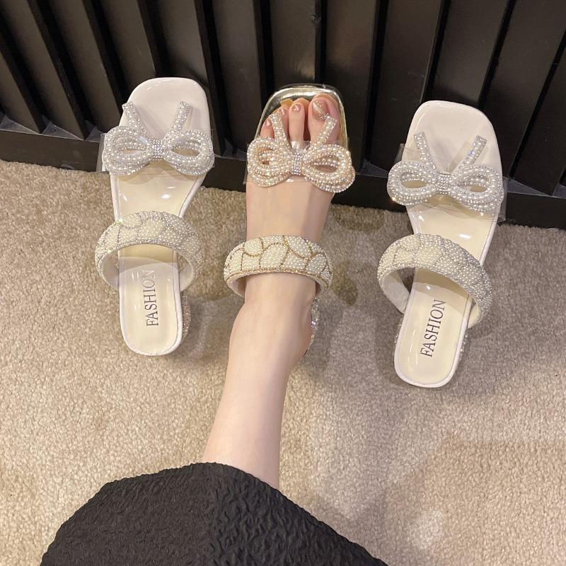 Gentle Bow Thick-heeled Sandals for Women in The Summer of 2025, A New One-line, Transparent Water Diamond Square Toe Fairy Shoe