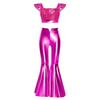 Girls Stage Performance Set Square Collar Metallic Crop Top Ruffled Sleeves Sequins with Split Bell Bottom Shiny Pants for Jazz Dance Recital