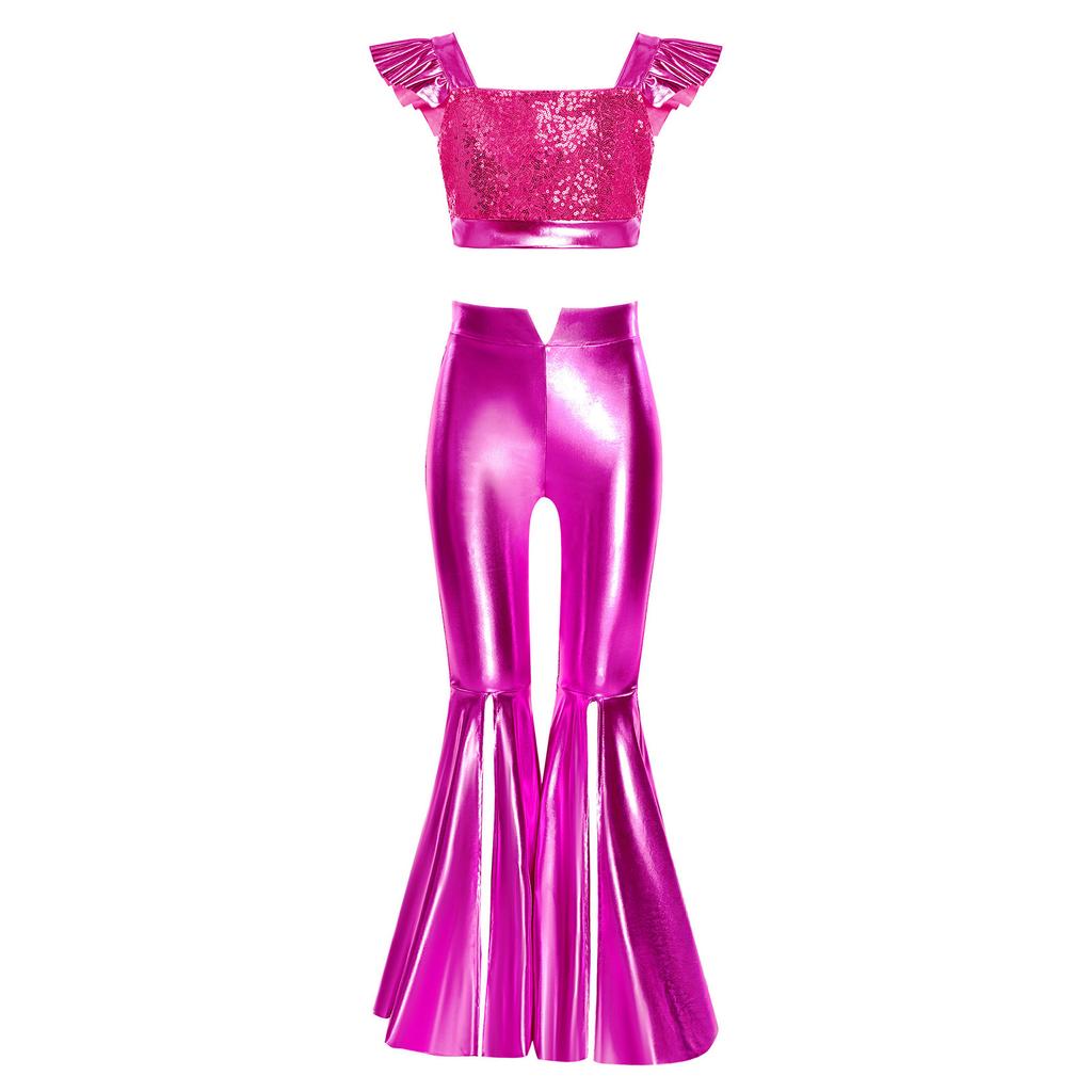 Girls Stage Performance Set Square Collar Metallic Crop Top Ruffled Sleeves Sequins with Split Bell Bottom Shiny Pants for Jazz Dance Recital