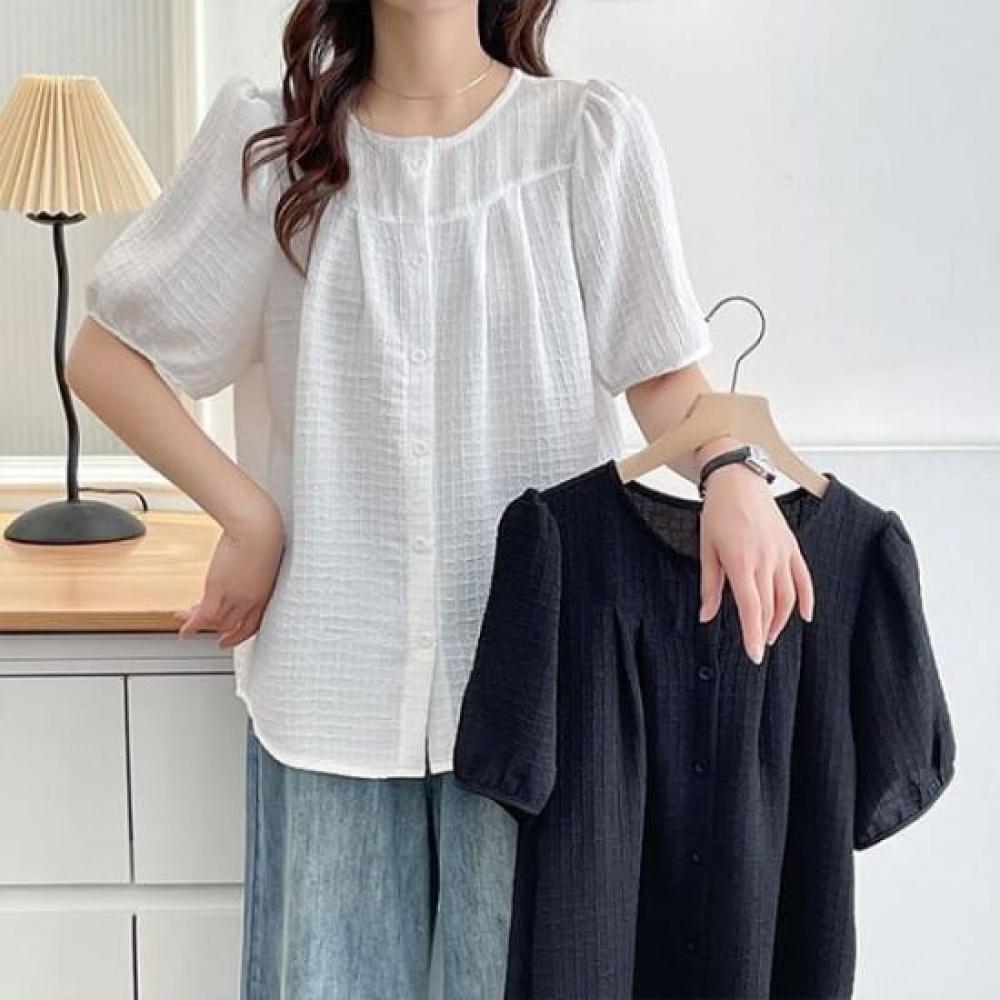 Navava Women Texture Button Short Sleeve Blouse Nb2724
