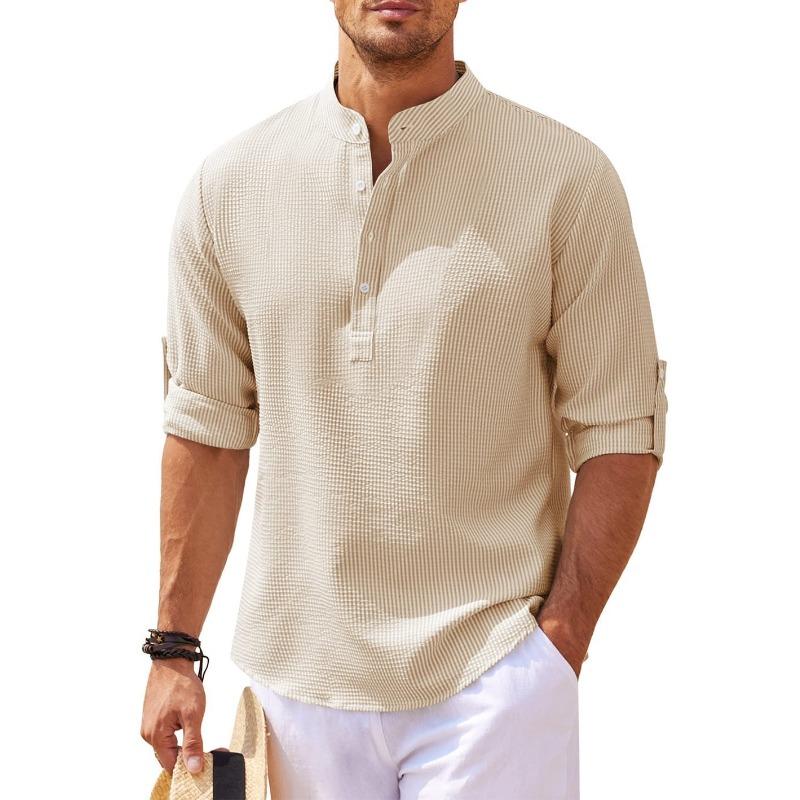Men's long-sleeved shirt stand-up collar half-open button-up shirt pineapple plaid shirt men's casual shirt top