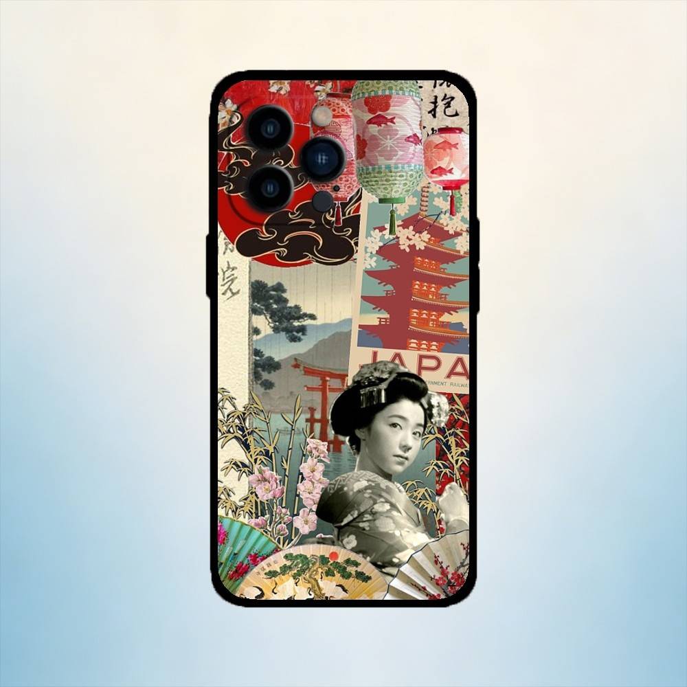 

AAA Retro Collage Japanese Style Pattern Phone Case For iPhone 17,16,15,14,13,12,11 Plus,Pro Max,XS,Soft Silicone Black Cover iPhone15pro