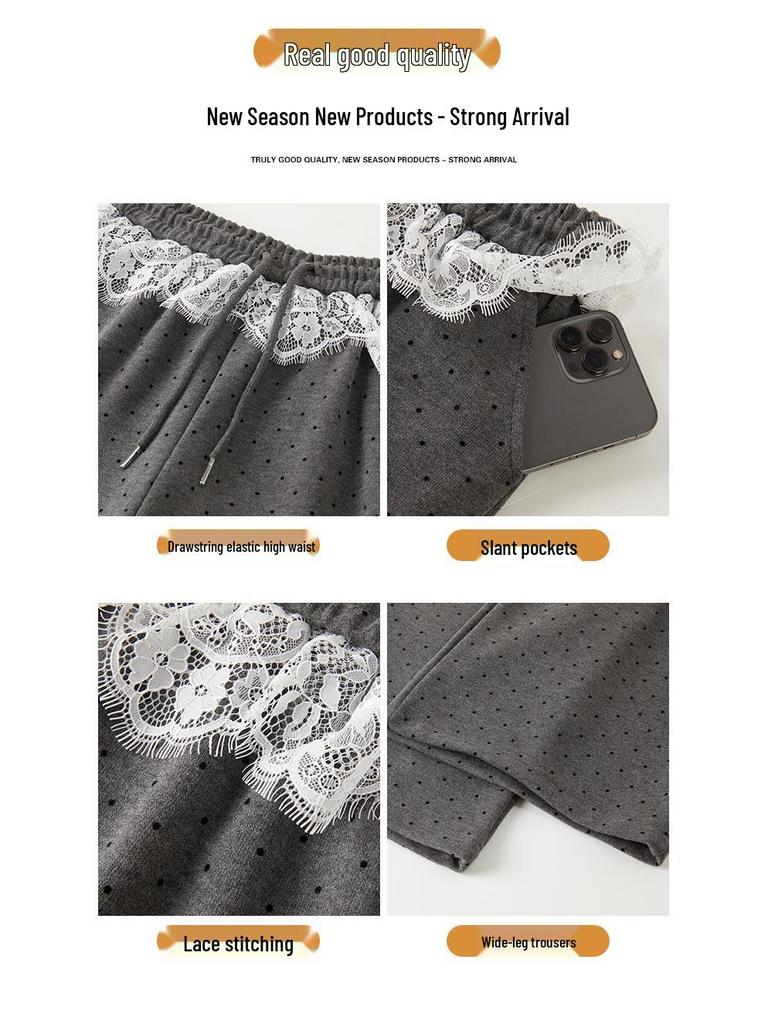 Women's High-Waist Black Polka Dot Lace Trim Wide-Leg Sporty Pants for Spring