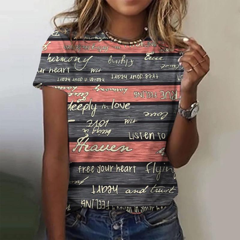 Letter Stripe Print O-neck T shirt Summer Women's Short Sleeves T-shirts 2025 New Casual Loose Pullover Women Y2K Clothing