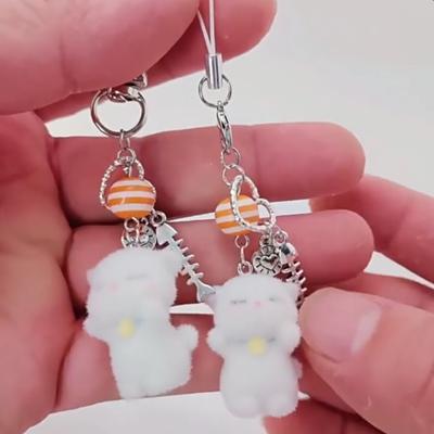 Cute Flocking Cat Phone Lanyard Strap Kitten Keychain Pendant Anti Lost Phone Chain Bag Ornament Cell Phone Love Fish Charm Gift