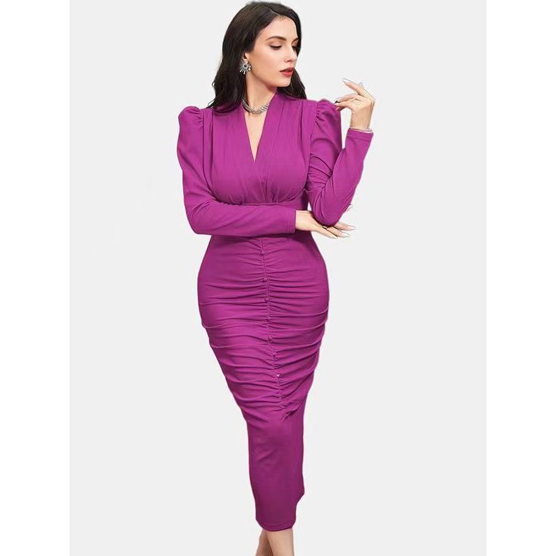 Fashion Wind Stylish Temperament Long Sleeves Pleated V-neck Waist-Tight Silm Dress Pleated V-neck Dress