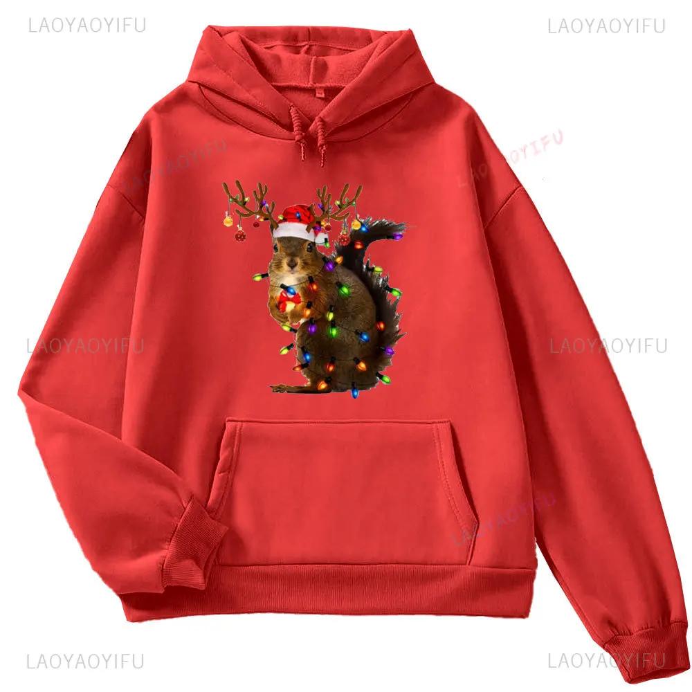 Christmas Squirrel Lights Sweatshirt Xmas Squirrel Hoodie Women Long Seleeve Sweater Santa Squirrel Gift Cute Christmas Sweater