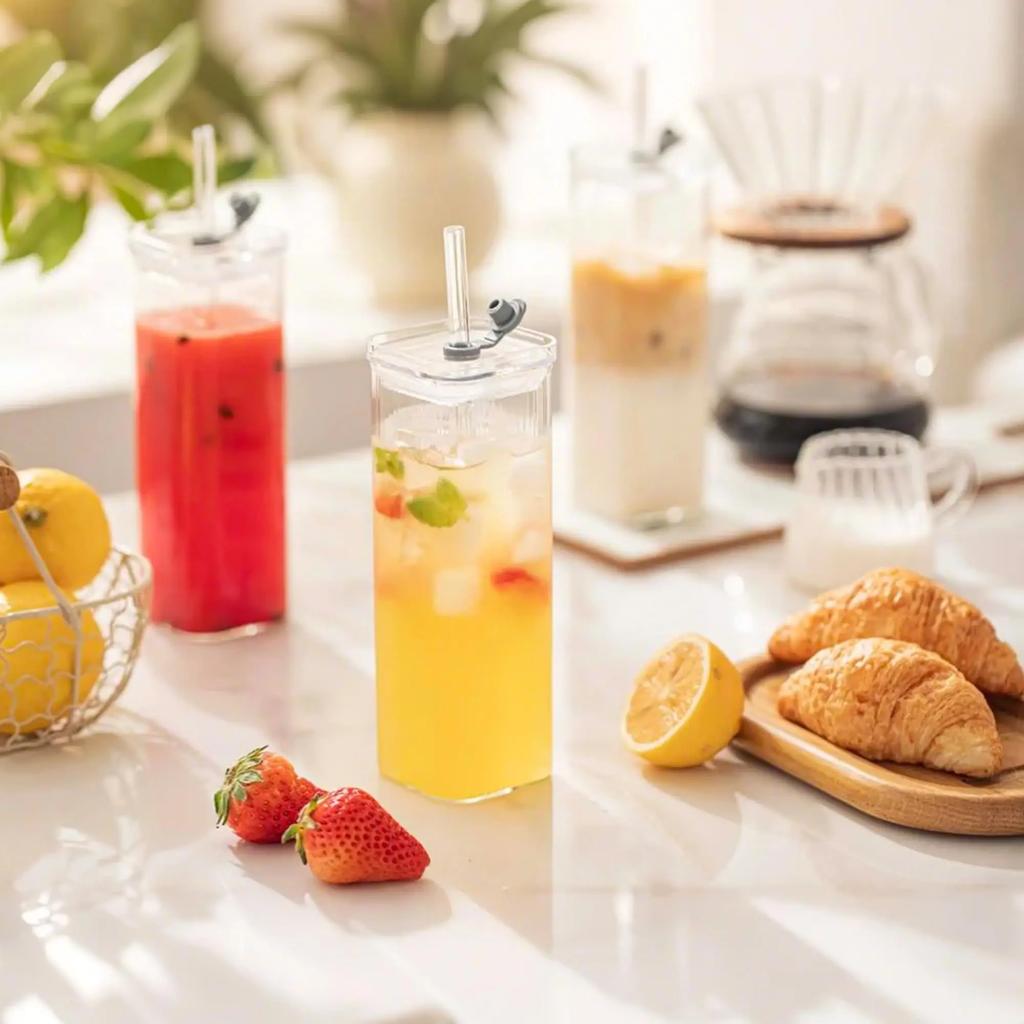 Square Glass Cups with Lids/Straws Transparent Drinking Glasses Sets Coffee Tumbler for Cocktail, Coffee, Juice, Beer