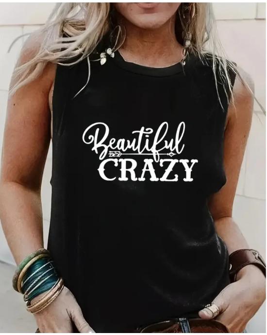 

Plus Size Letter CRAZY Print Tank Top, Casual Crew Neck Sleeveless Top For Summer, Women s Plus Size Clothing 1XL чёрный