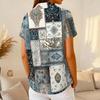 Women's Casual Short Sleeve Waffle Knit Polo Shirt Retro Floral Print Button Down Top Lightweight Breathable Summer Blouse
