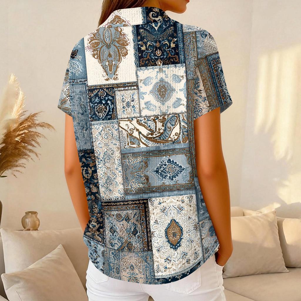 Women's Casual Short Sleeve Waffle Knit Polo Shirt Retro Floral Print Button Down Top Lightweight Breathable Summer Blouse