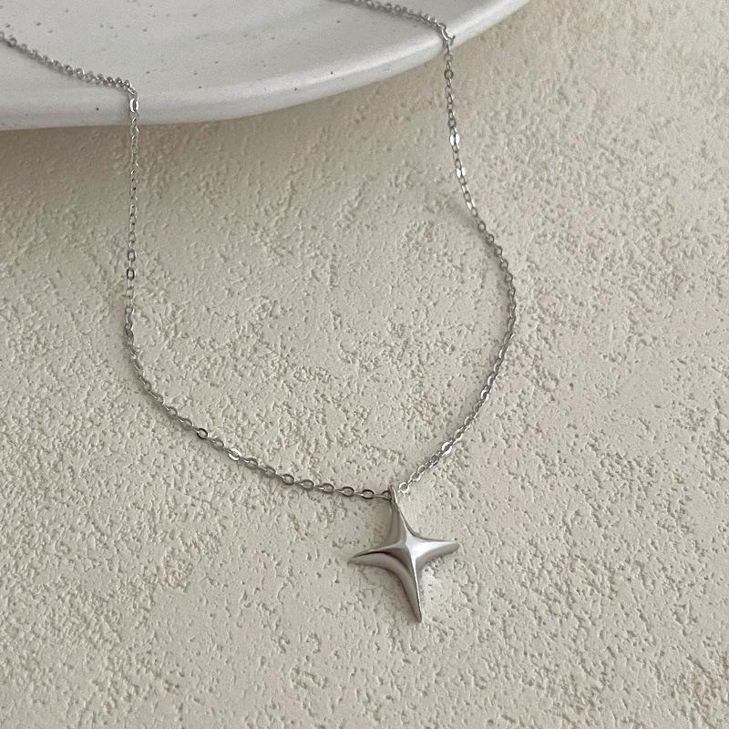 Cui Yan S925 Sterling Silver Korean Star Pendant Necklace for Women - Personalized Four-Pointed Star Clavicle Chain. S925 Silver