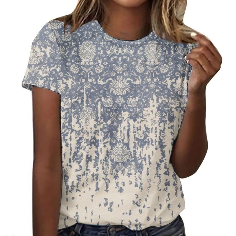 Summer Round Neck 3D Floral Pattern Printed Top Fashionable Casual Short Sleeved Women's T-shirts