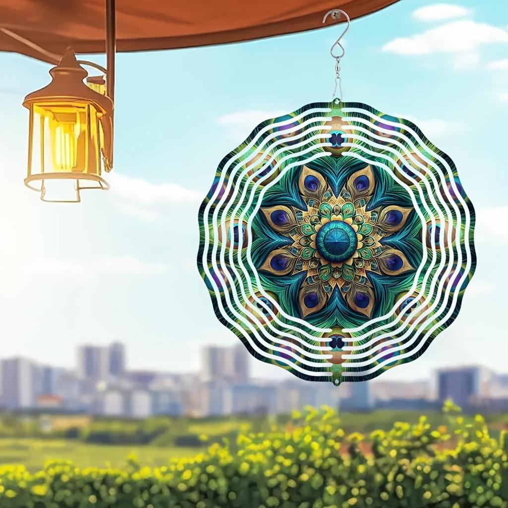 10palcový 3D laserem vyřezávaný kovový větrník Geometrický design pávího pera 360° otočný háček Venkovní Vnitřní zahradní dekorace Dárek na kolaudaci pro ženy muže