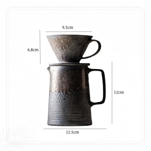 Ceramic Coffee Dripper and Coffee Server Set with Gold-rimmed Coffee Filter Cups and a Vintage Iron Rust Glaze Handcrafted Drip Filter. Microwave and